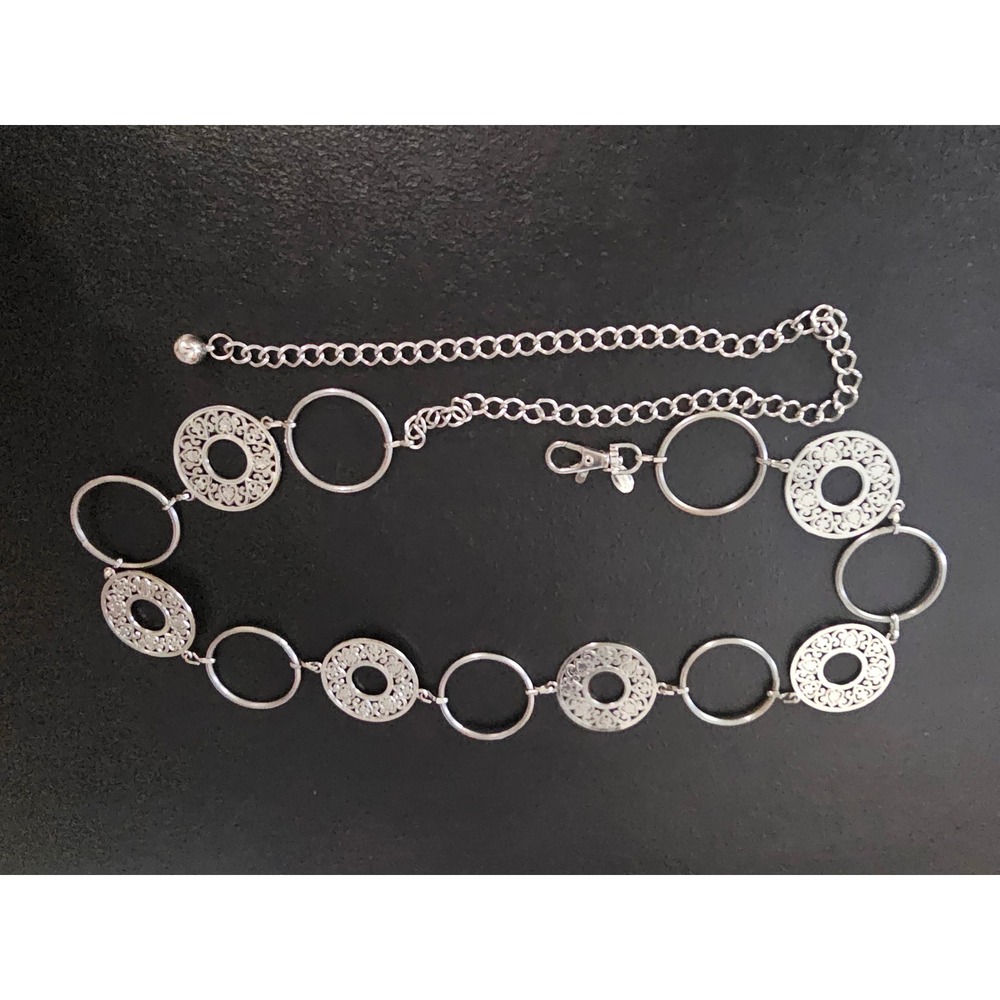 Vtg Silver Filigree‎ Circle Link Chain Belt Ornate Boho Style st05